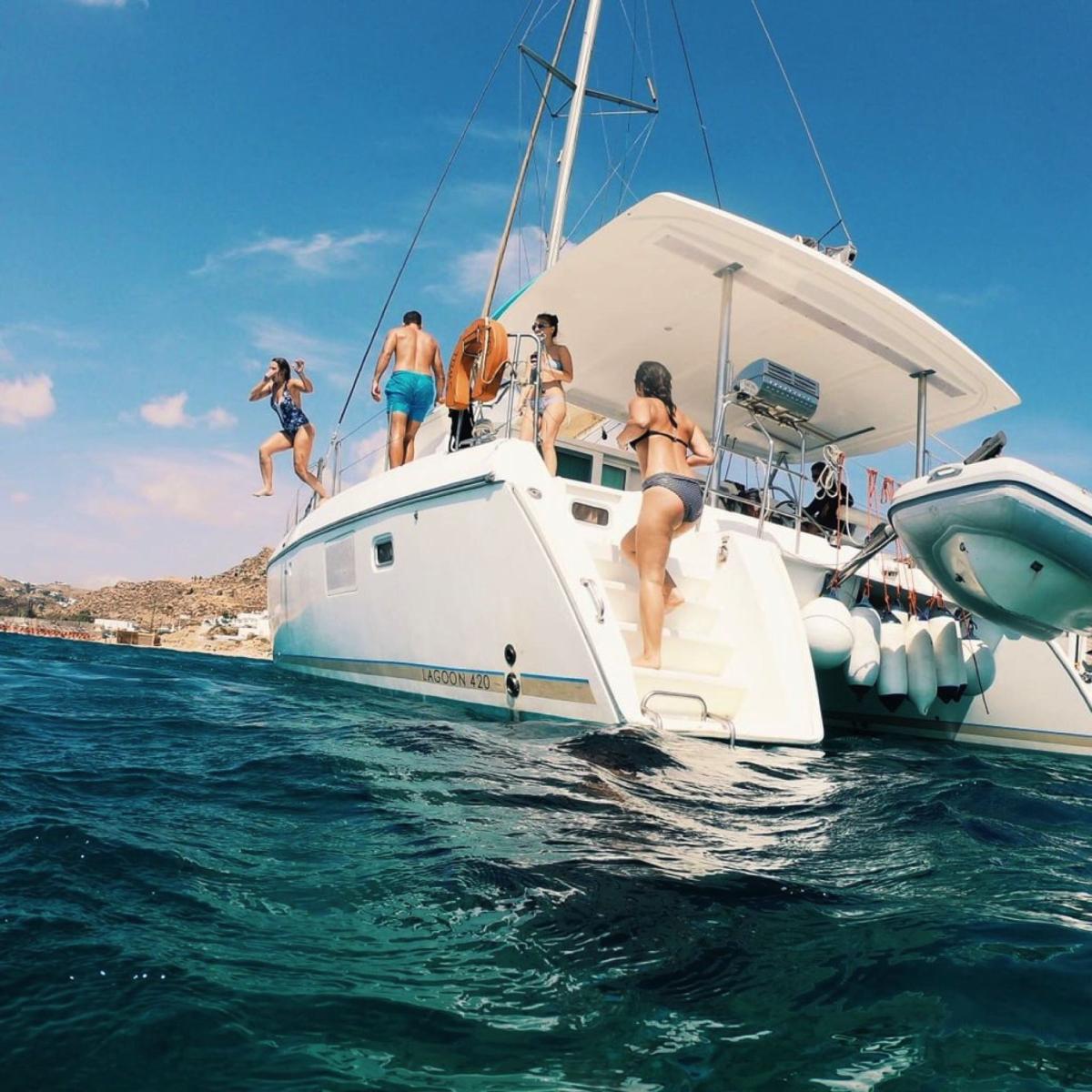 seascape-experiences-mykonos-greece-cyclades-fleet-rental-charter-lagoon-catamaran-bachelor -bachelorette party honeymoon