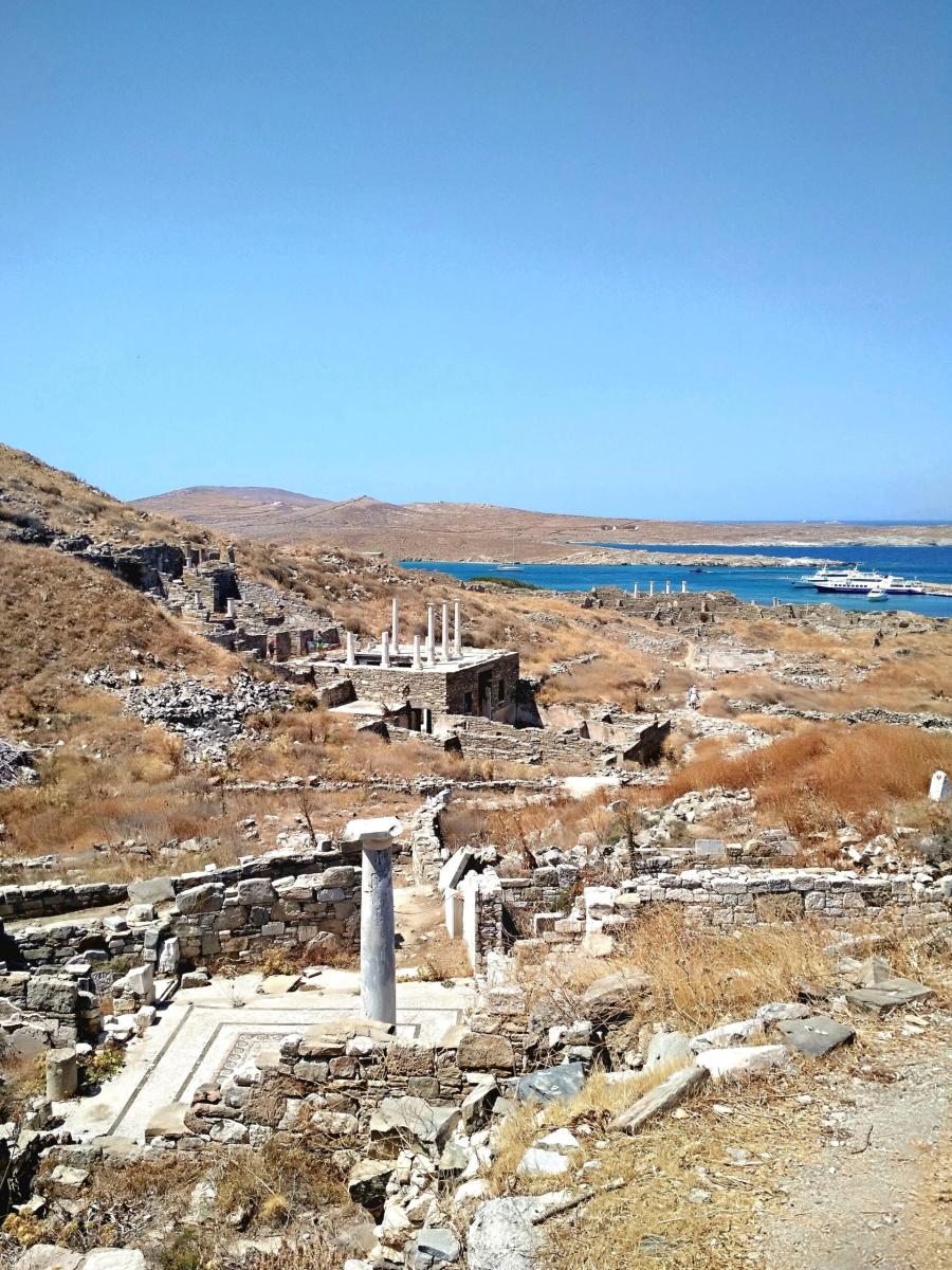 Archaeological site of Delos with scattered temple ruins