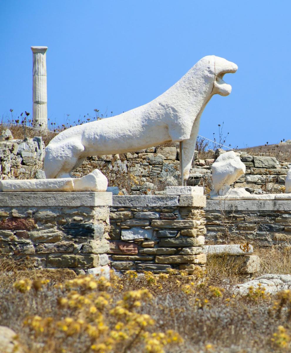 Ancient lion statues guarding the sacred site of Delos.