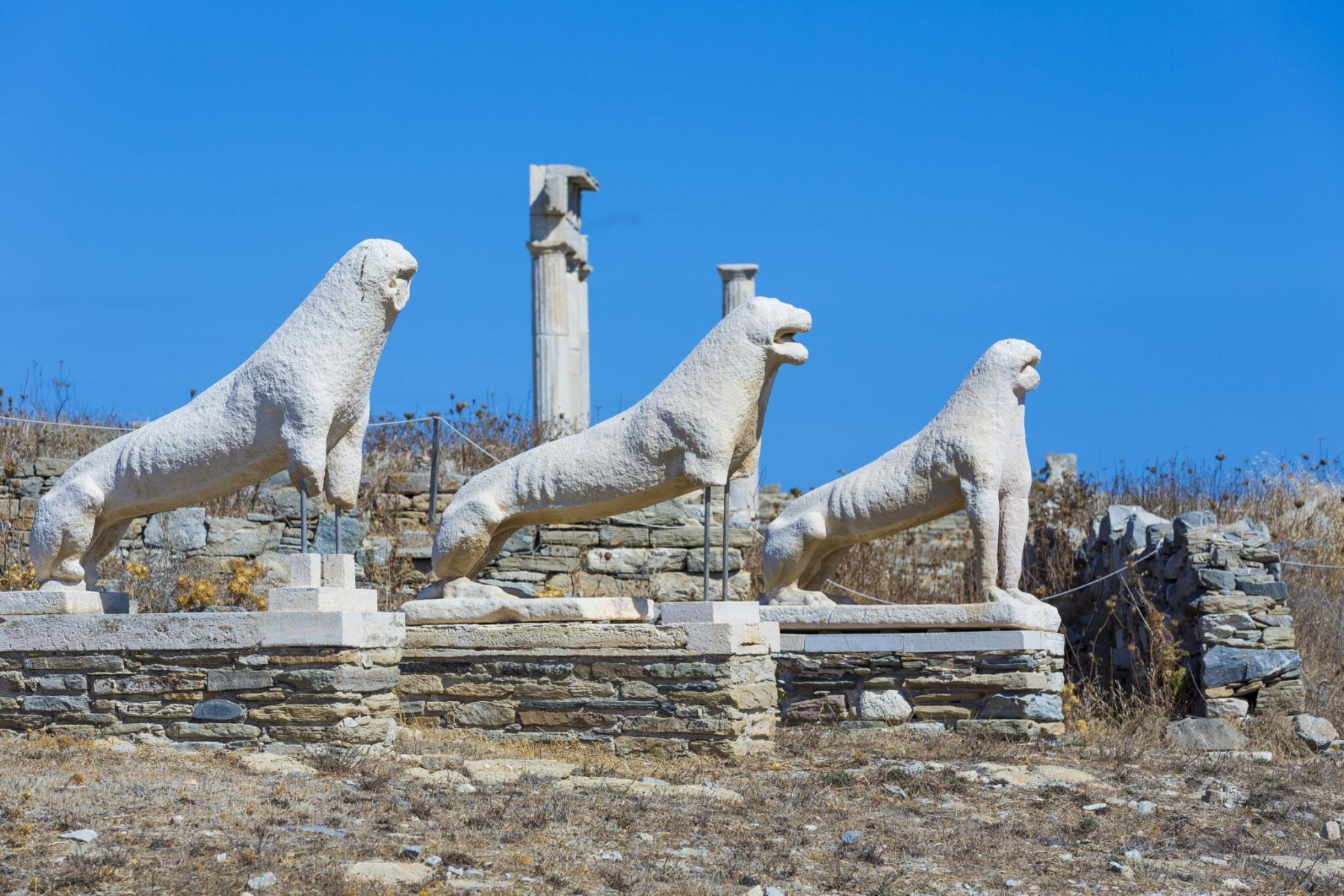 The famous marble lions of Delos Island standing in a row.