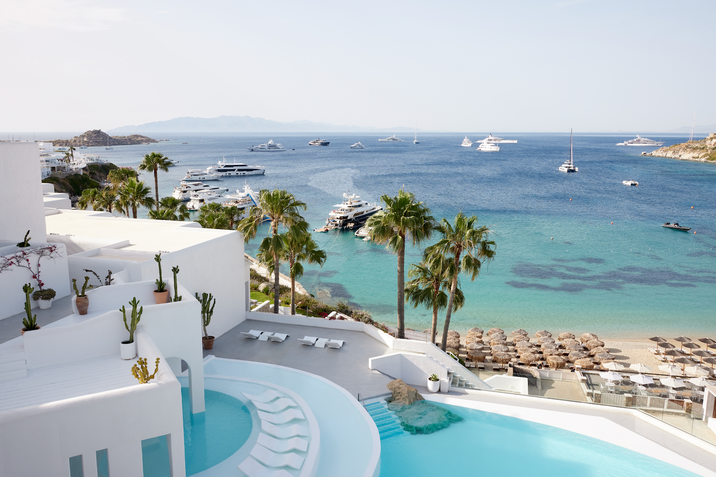 Relaxing sunbeds on the famous beaches of southern Mykonos