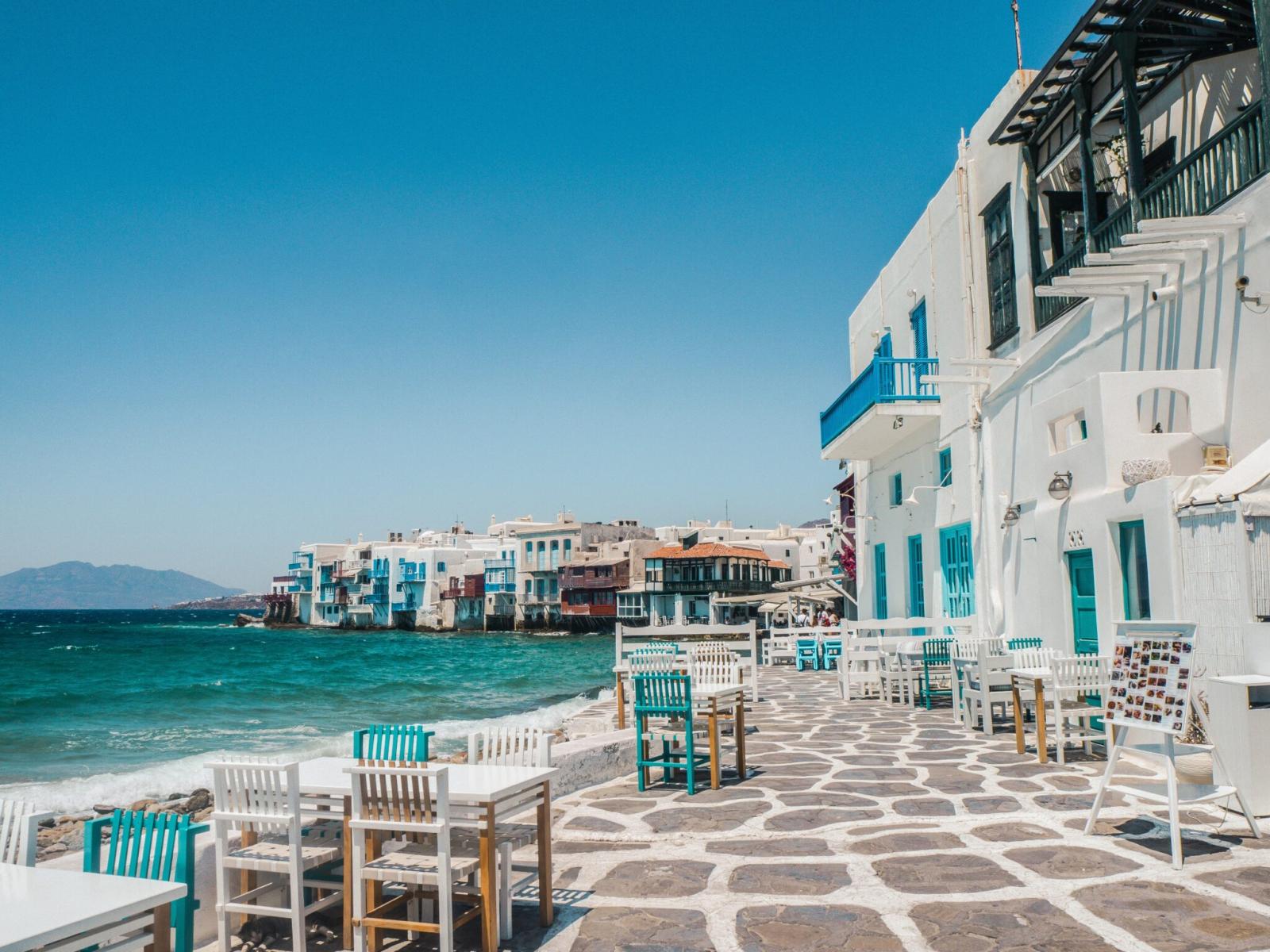 Scenic waterfront view of Little Venice in Mykonos, Greece