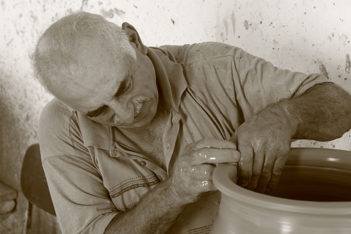 Traditional ceramic pottery displayed at a workshop in Sifnos, Greece