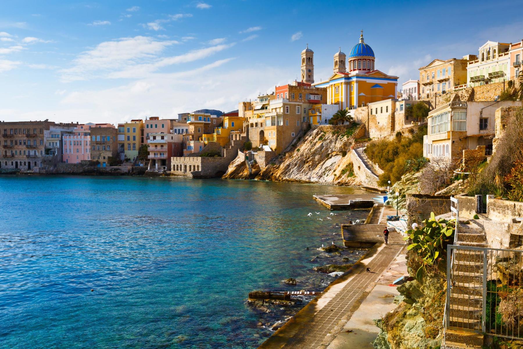 Picturesque view of Vaporia, the most iconic neighborhood in Ermoupolis, with stunning waterfront houses