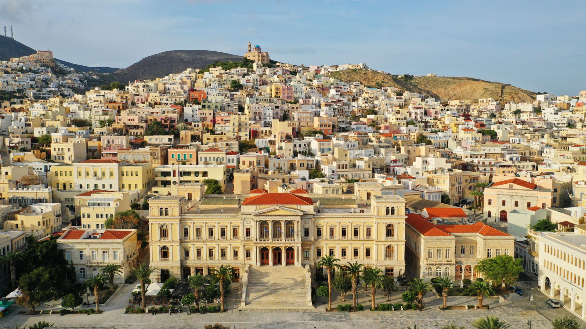 The grand neoclassical Town Hall of Ermoupolis, Syros, located in Miaouli Square.