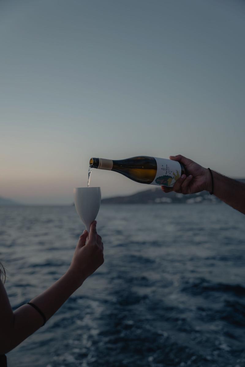 Guests enjoying a wine-tasting experience aboard a yacht in Mykonos, with a selection of fine wines and stunning sea views