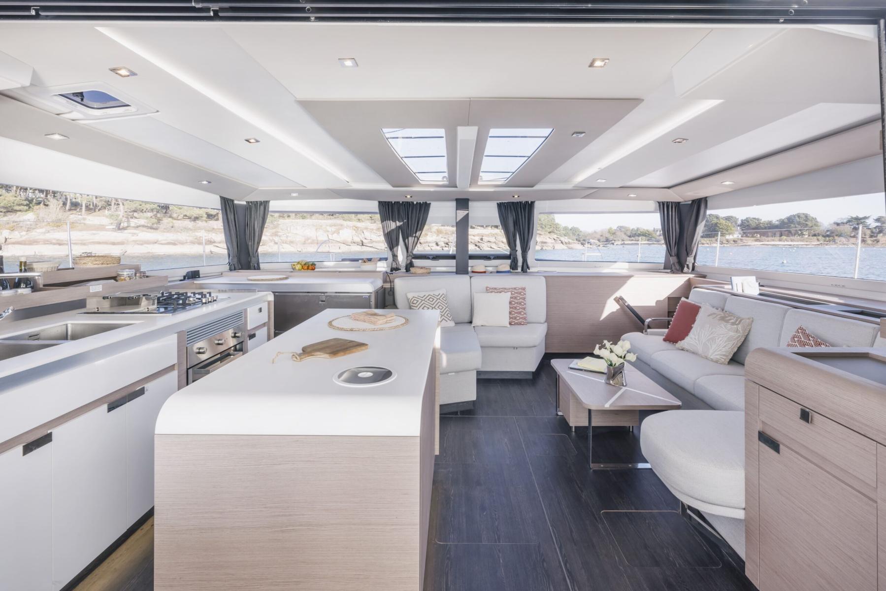 Elegant Indoor Lounge of a Luxury Catamaran in Mykonos