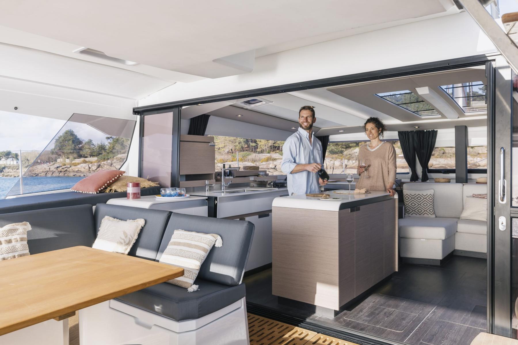 Spacious and Bright Interior Lounge of a Catamaran in Mykonos