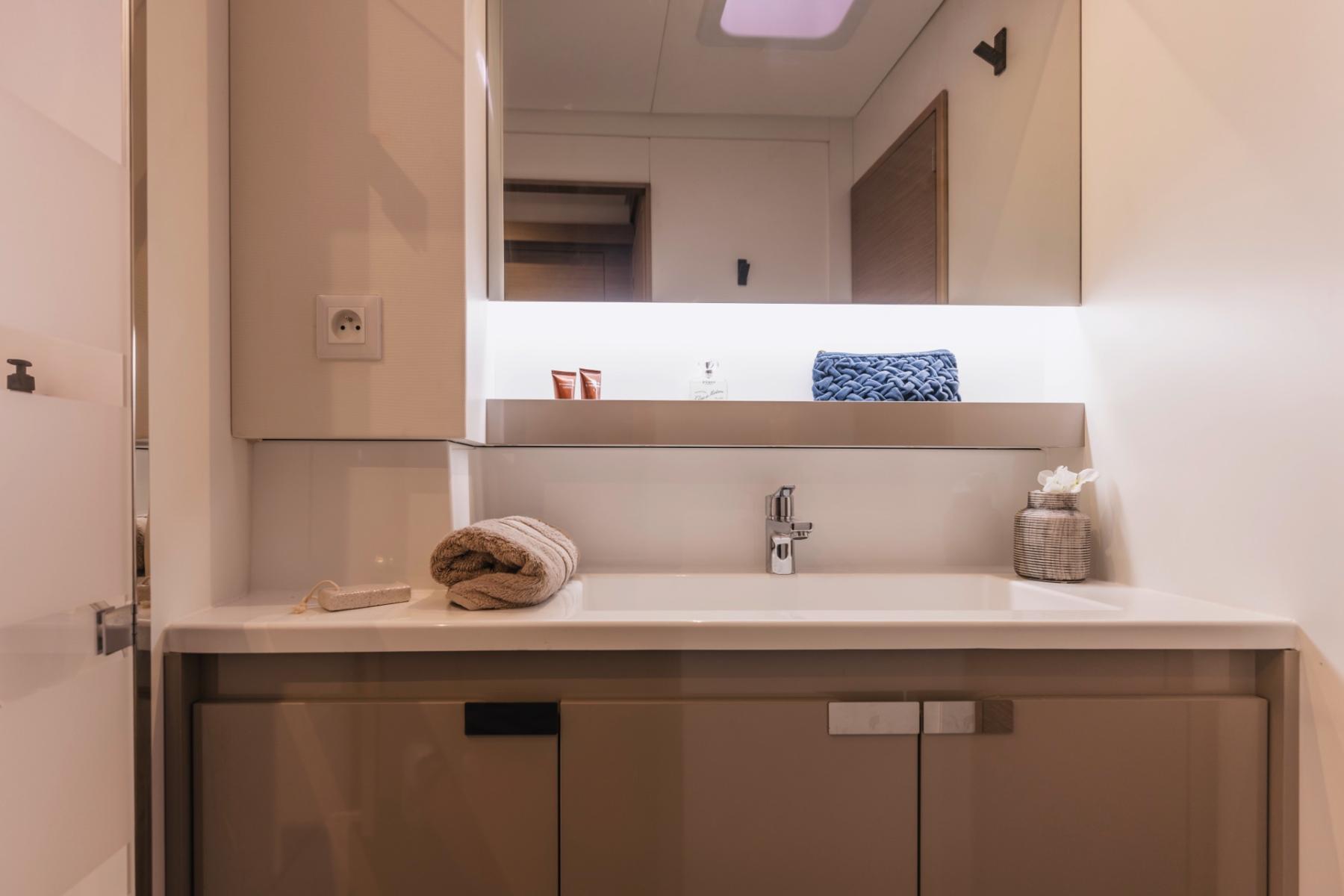 Modern Indoor Cabin of a Fountaine Pajot Catamaran in Mykonos