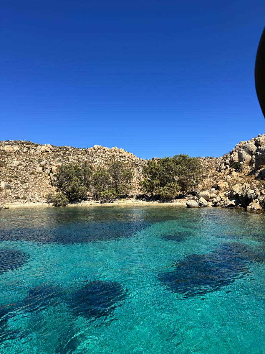 Exploring Delos Island During a Yacht Excursion – "Guests stepping onto the historic Delos Island from a luxury yacht, ready for an unforgettable cultural adventure.