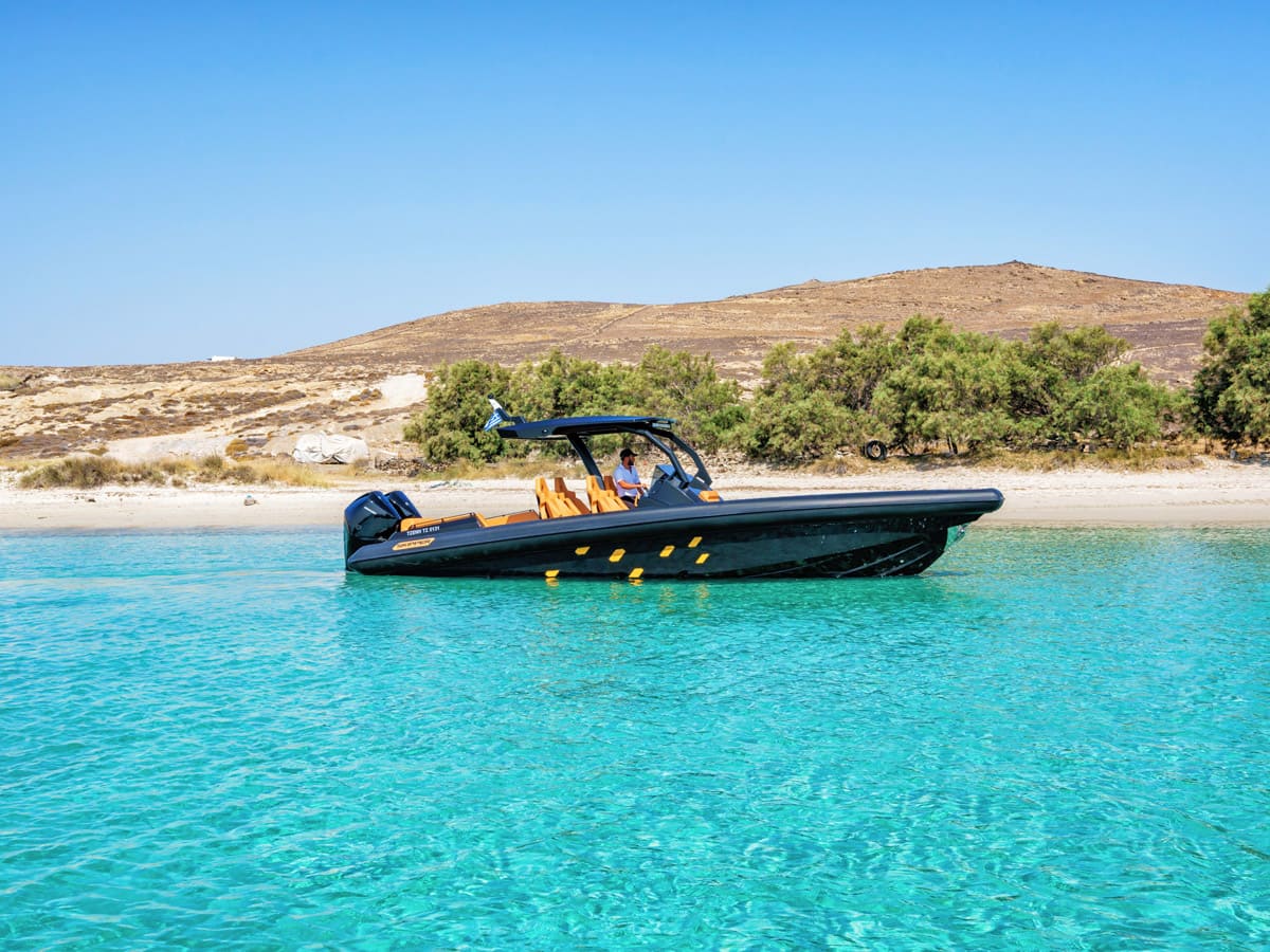 Mykonos private boat tours on a Skipper 34 RIB – Fast, stylish, and unforgettable.