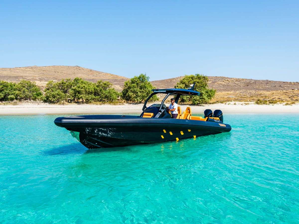 Premium Skipper 34 RIB boat charter – Your gateway to Mykonos' best-kept secrets.