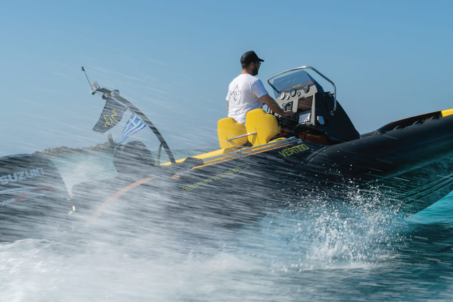 Private boat tour in Mykonos on a Vertigo SR RIB – The ultimate cruising experience